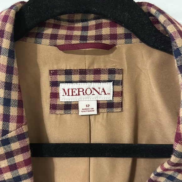 Merina Single Button Plaid Lined Blazer cranberry red,‎ navy & tan Size 12 - Picture 4 of 6